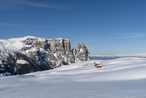 Alpe di Siusi/Seiser Alm, Dolomites, South Tyrol, Italy. Winter landscape on the Alpe di Siusi/Seiser Alm with the peaks of Sciliar / Schlern, Euringer and Santner