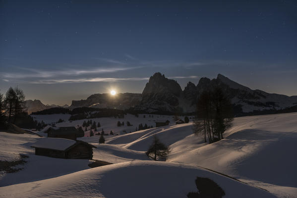 Alpe di Siusi/Seiser Alm, Dolomites, South Tyrol, Italy. Full moon night on the Alpe di Siusi / Seiser Alm with the peaks of Sassolungo / Langkofel and Sassopiatto / Plattkofel