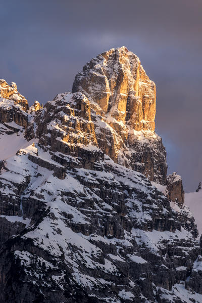 Carbonin, Dolomites, South Tyrol, Italy. The Piz Popena at sunset