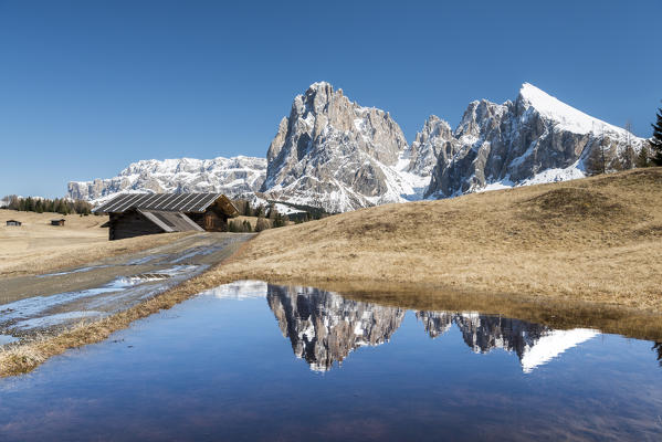 Alpe di Siusi/Seiser Alm, Dolomites, South Tyrol, Italy. Reflections on the Alpe di Siusi/Seiser Alm