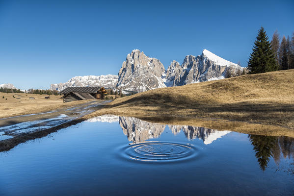 Alpe di Siusi/Seiser Alm, Dolomites, South Tyrol, Italy. Reflections on the Alpe di Siusi/Seiser Alm