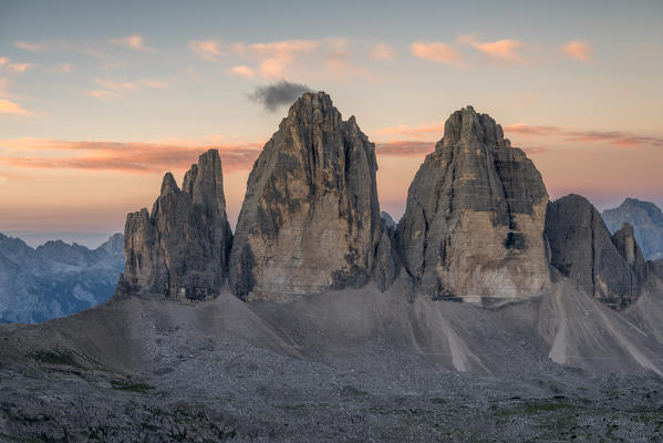 Sesto/Sexten, Dolomites, South Tyrol, Italy. Dawne over the Tre Cime di Lavaredo/Drei Zinnen. Taken from the summit of Torre di Toblin/Toblinger Knoten