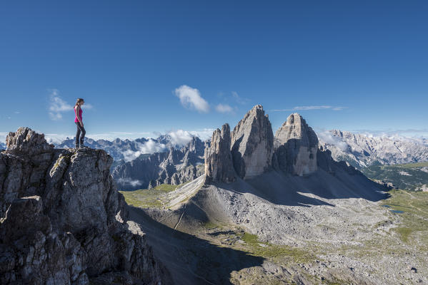 Sesto/Sexten, Dolomites, South Tyrol, province of Bolzano, Italy. View from the summit of Monte Paterno/Paternkofel on the Tre Cime di Lavaredo/Drei Zinnen