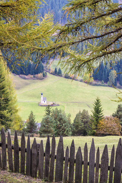 Funes Valley, Dolomites, South Tyrol, Italy. The church San Giovanni in Ranui