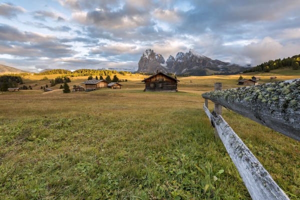 Alpe di Siusi/Seiser Alm, Dolomites, South Tyrol, Italy. Sunset on the Alpe di Siusi/Seiser Alm