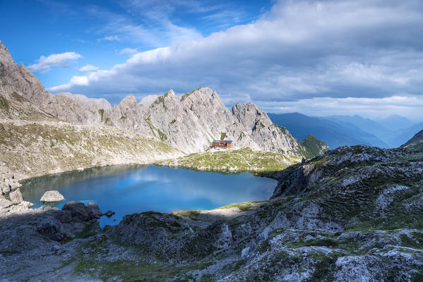 Lienz Dolomites, East Tyrol, Austria. The Karlsbader hut and the Lake Laserz