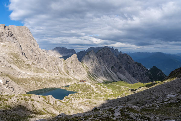 Lienz Dolomites, East Tyrol, Austria. The Karlsbader hut and the Lake Laserz