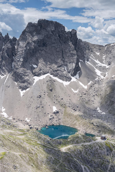 Lienz Dolomites, East Tyrol, Austria. The Karlsbader hut and the Lake Laserz