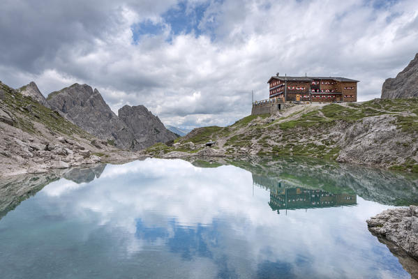 Lienz Dolomites, East Tyrol, Austria. The Karlsbader hut and the Lake Laserz