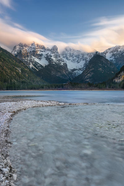 Carbonin, Dolomites, South Tyrol, Italy. Lake Landro with the peaks of the Cistallo group 