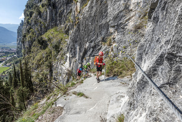 Arco, Trento province, Trentino, Italy. Climber on the via ferrata Colodri