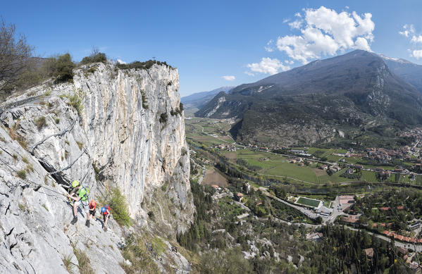 Arco, Trento province, Trentino, Italy. Climber on the via ferrata Colodri