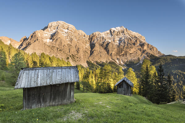 La Valle / Wengen, Alta Badia, Bolzano province, South Tyrol, Italy. Sunset on the pastures of Pra de Rit with the peaks Cima Nove / Neunerspitze and Cima Dieci / Zehnerspitze