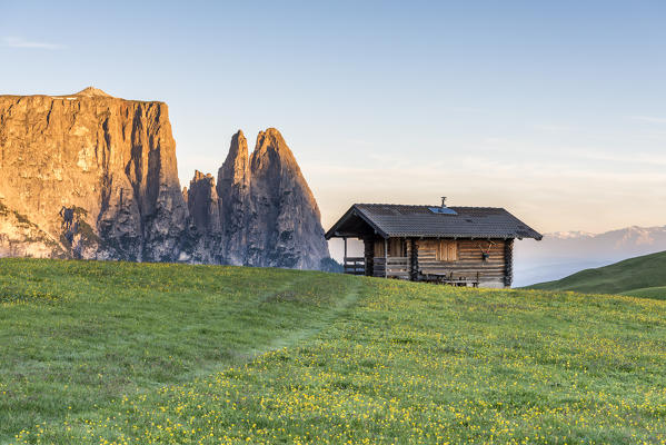 Alpe di Siusi/Seiser Alm, Dolomites, South Tyrol, Italy. Sunrise on the Alpe di Siusi