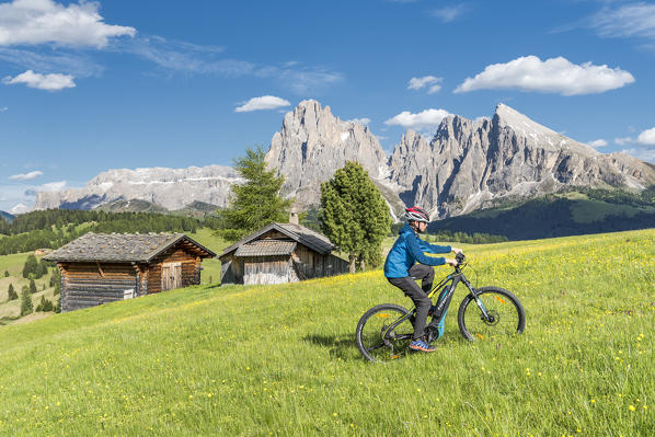 Alpe di Siusi/Seiser Alm, Dolomites, South Tyrol, Italy. Mountainbiker on the Alpe di Siusi