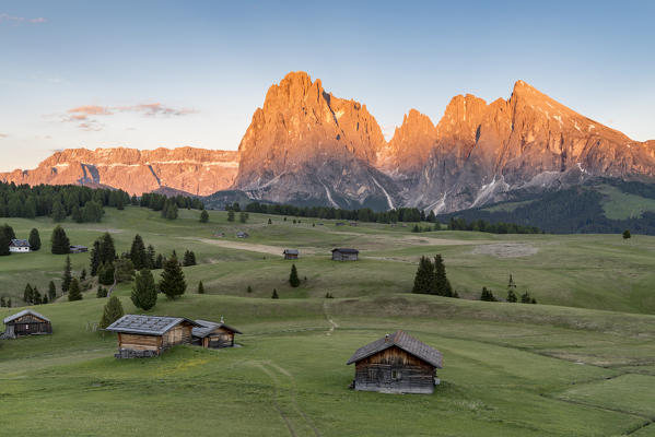 Alpe di Siusi/Seiser Alm, Dolomites, South Tyrol, Italy. Sunset on the Alpe di Siusi