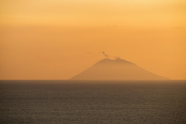 Stromboli, Messina district, Sicily, Italy, Europe. Eruption of the volcano Stromboli at sunset