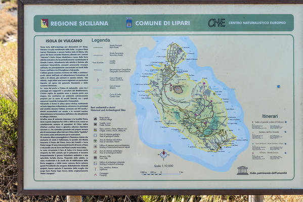 Volcano, Messina district, Sicily, Italy, Europe. Hiking map on Vulcano