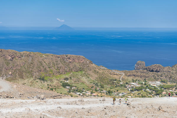 Volcano, Messina district, Sicily, Italy, Europe. Hikers on the crater of Vulcano