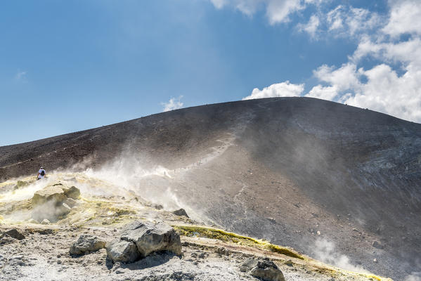 Volcano, Messina district, Sicily, Italy, Europe. Sulfur fumaroles on the crater rim of Vulcano.