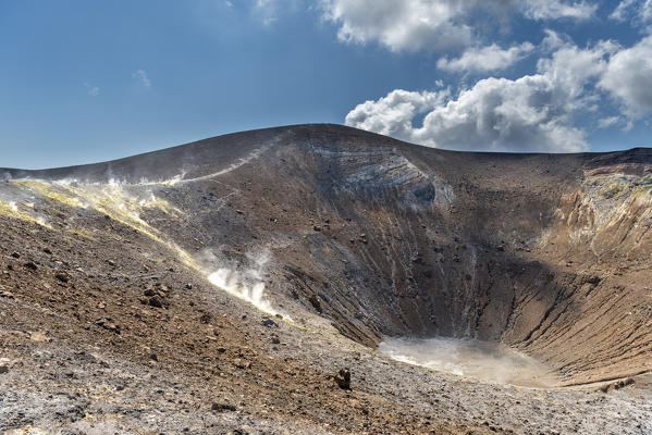 Volcano, Messina district, Sicily, Italy, Europe. Sulfur fumaroles on the crater rim of Vulcano.