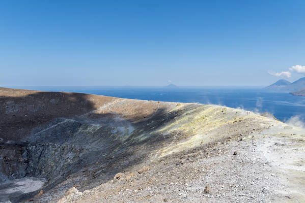 Volcano, Messina district, Sicily, Italy, Europe. Sulfur fumaroles on the crater rim of Vulcano.