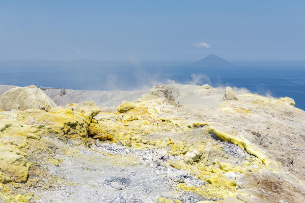 Volcano, Messina district, Sicily, Italy, Europe. Sulfur fumaroles on the crater rim of Vulcano.