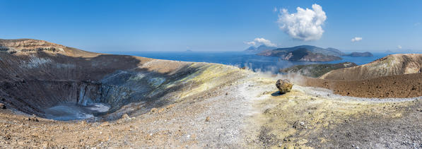 Volcano, Messina district, Sicily, Italy, Europe. Sulfur fumaroles on the crater rim of Vulcano. 