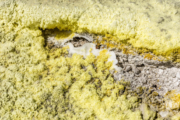 Volcano, Messina district, Sicily, Italy, Europe. Sulfur fumaroles on the crater of Vulcano.