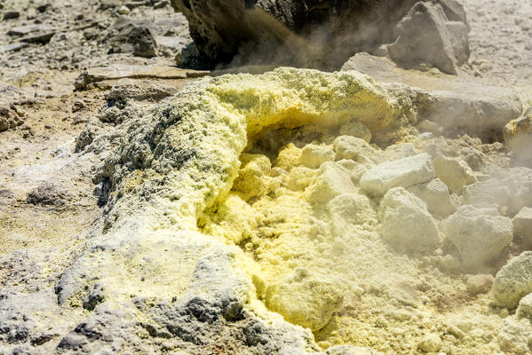 Volcano, Messina district, Sicily, Italy, Europe. Sulfur fumaroles on the crater of Vulcano.