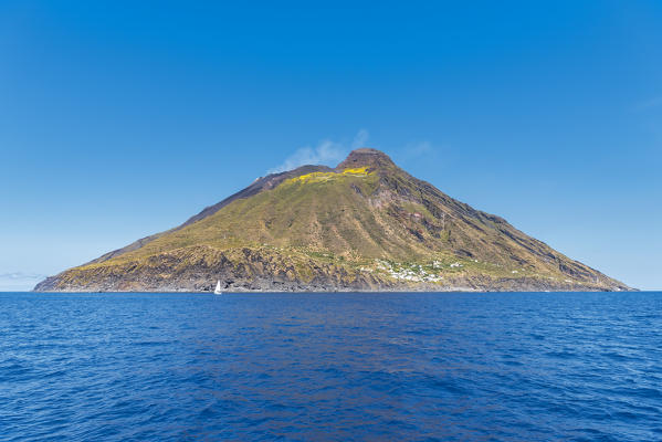 Stromboli, Messina district, Sicily, Italy, Europe. The volcanic island of Stromboli with the village of Ginostra