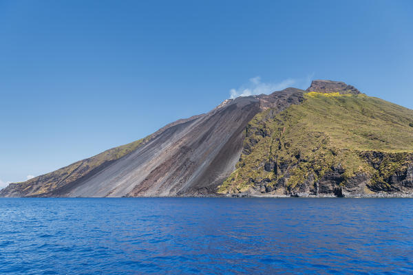 Stromboli, Messina district, Sicily, Italy, Europe. The sciara del fuoco (stream of fire) of volcanic island Stromboli