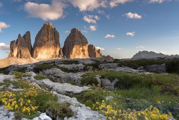 Sesto / Sexten, province of Bolzano, Dolomites, South Tyrol, Italy. Sunset at the Three Peaks of Lavaredo