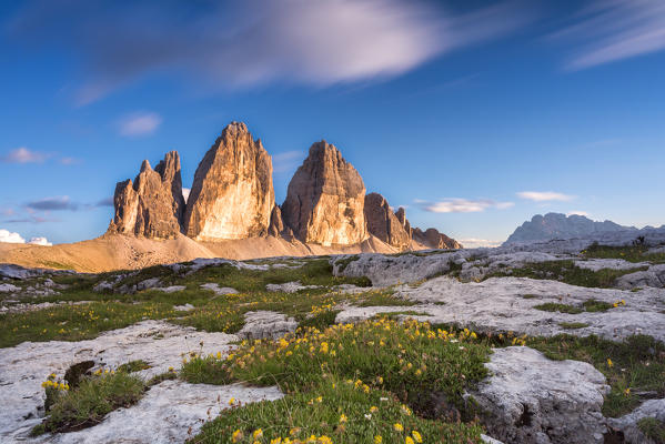 Sesto / Sexten, province of Bolzano, Dolomites, South Tyrol, Italy. Sunset at the Three Peaks of Lavaredo