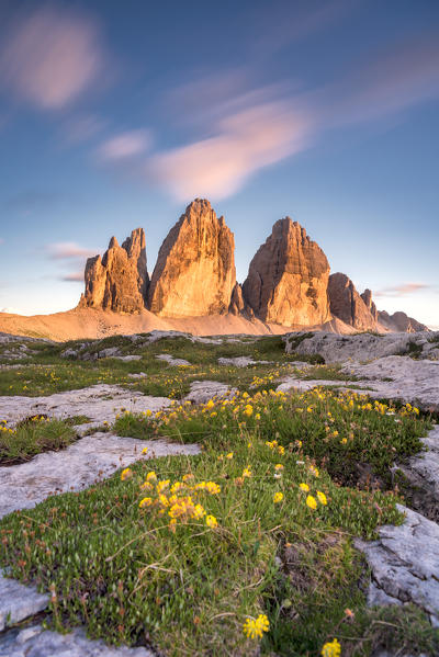 Sesto / Sexten, province of Bolzano, Dolomites, South Tyrol, Italy. Sunset at the Three Peaks of Lavaredo