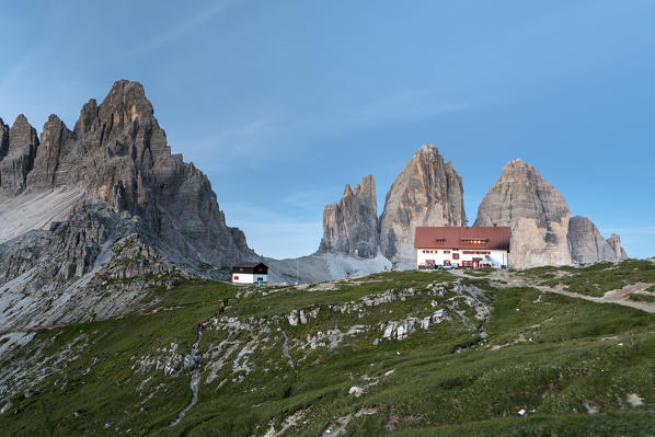 Sesto / Sexten, province of Bolzano, Dolomites, South Tyrol, Italy. Dusk at the Three Peaks of Lavaredo