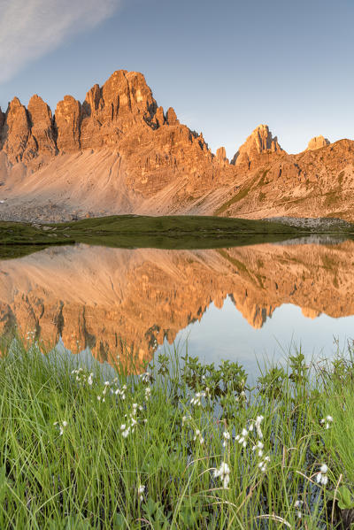 Sesto / Sexten, province of Bolzano, Dolomites, South Tyrol, Italy. Sunrise at the lake Piani and the Mount Paterno