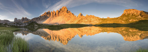 Sesto / Sexten, province of Bolzano, Dolomites, South Tyrol, Italy. Sunrise at the lake Piani and the Mount Paterno