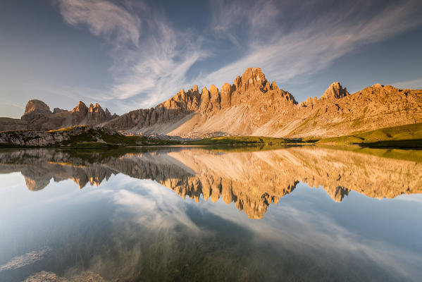 Sesto / Sexten, province of Bolzano, Dolomites, South Tyrol, Italy. Sunrise at the lake Piani and the Mount Paterno