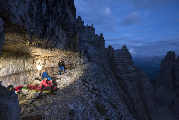 Sesto / Sexten, province of Bolzano, Dolomites, South Tyrol, Italy.  Bivouac place in a grotto from the first world war