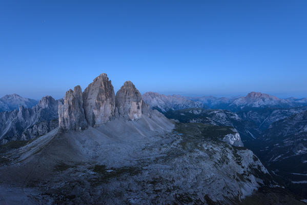 Sesto / Sexten, province of Bolzano, Dolomites, South Tyrol, Italy.  The Three Peaks of Lavaredo in the blue hour