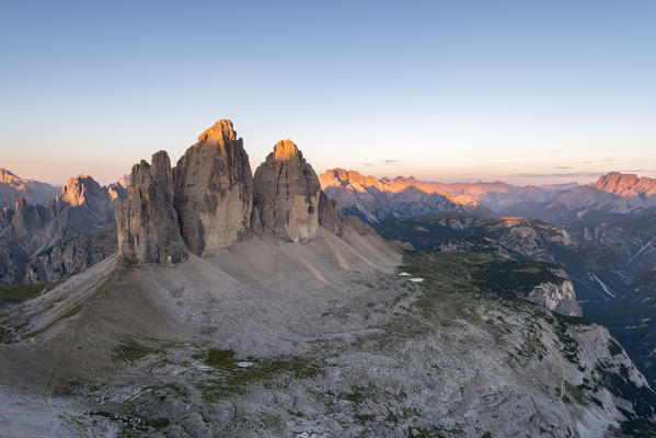 Sesto / Sexten, province of Bolzano, Dolomites, South Tyrol, Italy. The Three Peaks of Lavaredo at sunrise