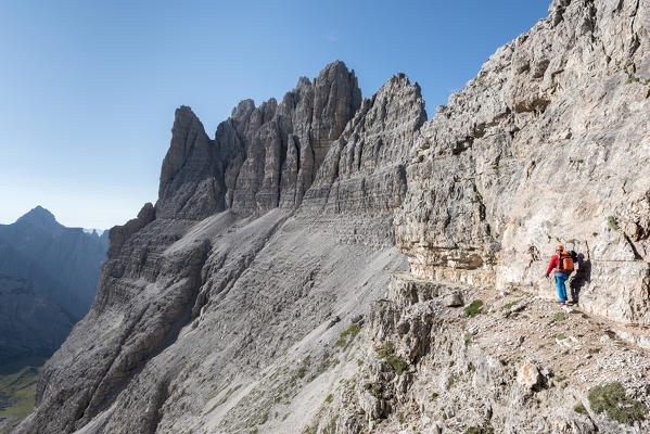 Sesto / Sexten, province of Bolzano, Dolomites, South Tyrol, Italy. Climber on the via ferrata 