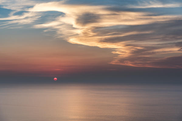 Zambrone, province of Vibo Valentia, Calabria, Italy, Europe. Sunset in Zambrone with a view of the Stromboli volcano