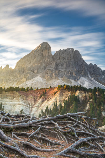 Passo delle Erbe/Wuerzjoch, Dolomites, province of Bolzano, South Tyrol, Italy. Sunrise at Sass de Putia/Peitlerkofel