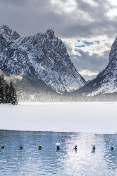 Dobbiaco/Toblach, province of Bolzano, South Tyrol, Italy. Winter at the Lake Dobbiaco