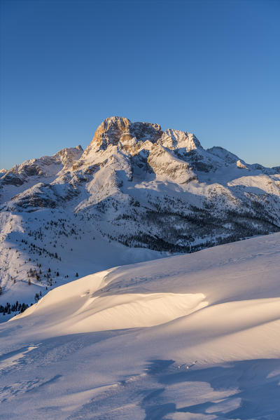 Prato Piazza/Plätzwiese, Dolomites, province of Bolzano, South Tyrol, Italy. Sunrise an the Prato Piazza with the peak of the Croda Rossa d' Ampezzo