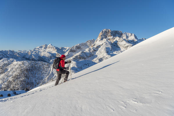 Prato Piazza/Plätzwiese, Dolomites, province of Bolzano, South Tyrol, Italy. Alpinist with snowshoes on the Prato Piazza. In the background the peaks of Tofane and Croda Rossa d' Ampezzo (MR)