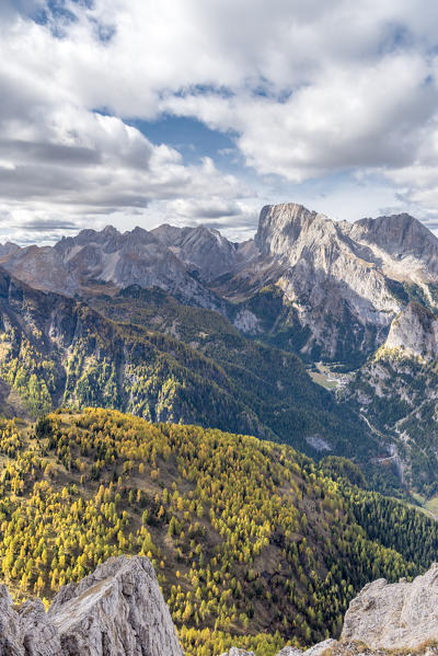 Mount Sasso Bianco, Dolomites,  Alleghe, province of Belluno, Veneto, Italy, Europe. The summit panorama of Sasso Bianco with a view to the Marmolada