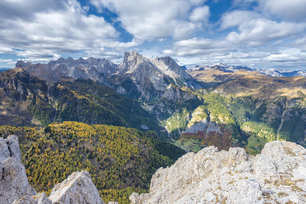 Mount Sasso Bianco, Dolomites,  Alleghe, province of Belluno, Veneto, Italy, Europe. The summit panorama of Sasso Bianco with a view to the Marmolada